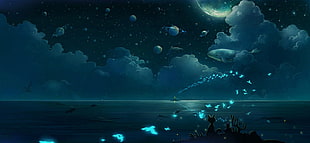 illustration of body of water, butterfly, clouds, night, planet HD wallpaper