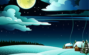 two houses with smoke on chimney in the night wallpaper, night, Moon, winter, artwork