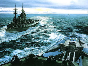 gray battle ship, Nelson-class battleship, HMS Rodney, artwork, military HD wallpaper