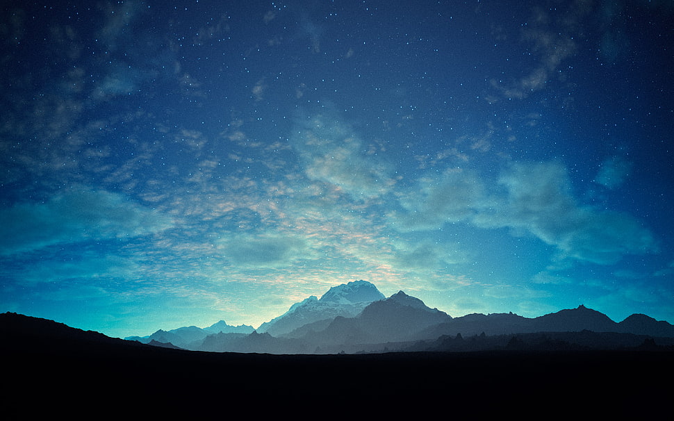 silhouette photo of mountains under blue sky and white clouds HD wallpaper