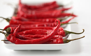 shallow focus of red chillis on white plates