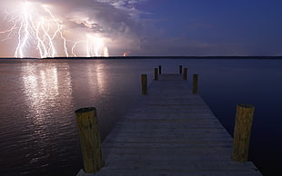 thunderstorm on body of water HD wallpaper