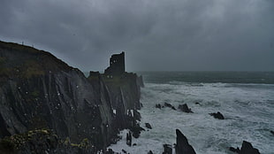 black rock formation, castle, Ireland, sea, abandoned