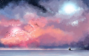 ship under orange and gray sky painting, fantasy art