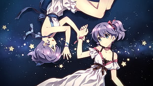 two purple short-haired female anime characters wearing white dresses