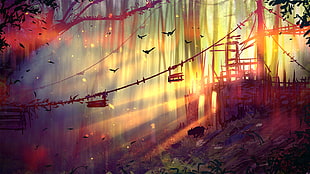 digital wallpaper, digital art, landscape, forest, sun rays HD wallpaper