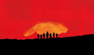 silhouette of people on mountain painting