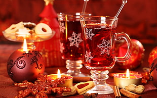 red votive candle, Christmas, New Year, drink, Christmas ornaments  HD wallpaper