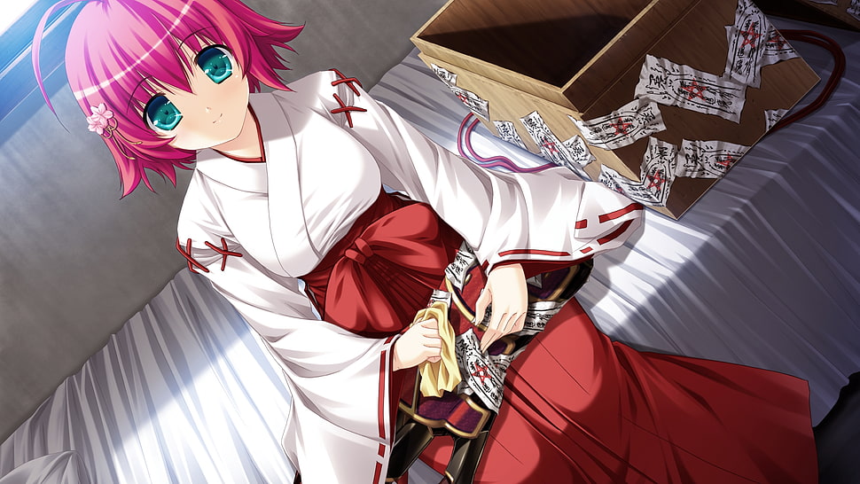 pink haired girl anime character wearing kimono sitting in bed HD wallpaper