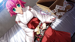 pink haired girl anime character wearing kimono sitting in bed