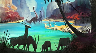 dinosaur and ibex near water painting HD wallpaper