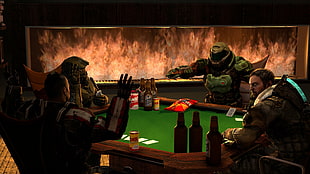 four characters plying cards on table artwork, Halo 5: Guardians, Master Chief, Doom (game), Commander Shepard HD wallpaper