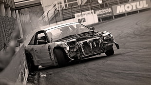 grayscale photography of wrecked coupe, drift, car, Nissan