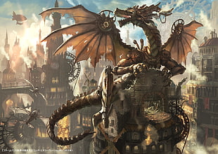 brown dragon illustration, clockworks, steampunk