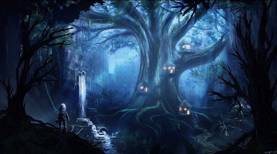 artwork of tree, fantasy art, artwork, night, forest HD wallpaper