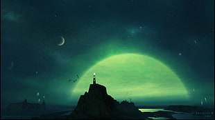 lighthouse on mountain painting, fantasy art, night, lighthouse, artwork