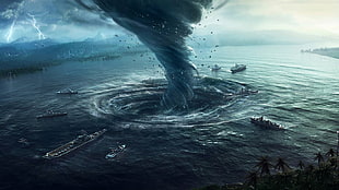 illustration of tornado near ships digital wallpaper, Desktopography, Natural Disaster, hurricane, water