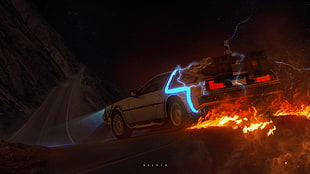 Initial D white Toyota AE86 digital wallpaper, car, Back to the Future, mountains, fire