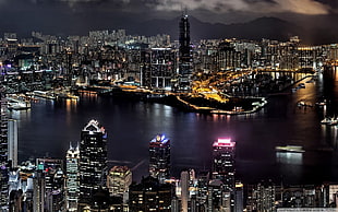 black and white building painting, night, cityscape, lights