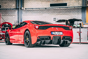 red Ferrari supercar, Auto, Side view, Sports car