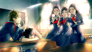 anime character illustration, school uniform, school, sun rays