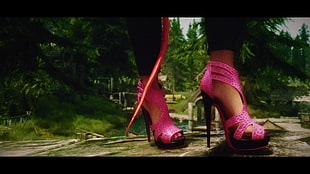 pink-and-black peep-toe platform stilettos, tartan, horns, grass, high heels HD wallpaper