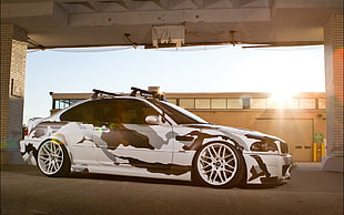 white, gray, and brown camouflage coupe, car, BMW