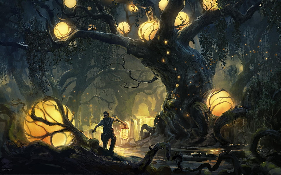 painting of man beside tree, fantasy art, forest HD wallpaper