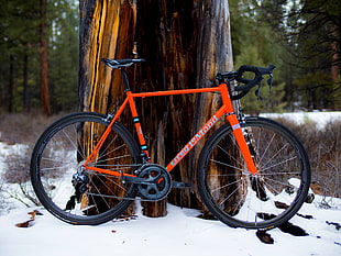 orange and black road bike, bicycle, carbon fiber , road, wheels