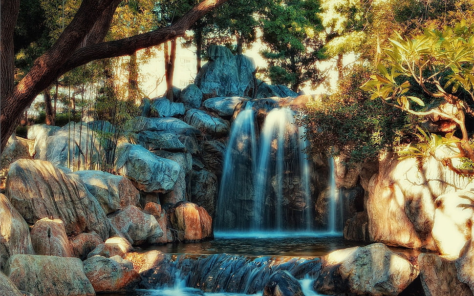 waterfall and trees during daytime HD wallpaper