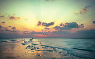 white clouds, beach, sunset, sea HD wallpaper