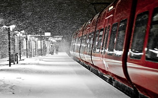 red train, train, winter, train station, selective coloring HD wallpaper