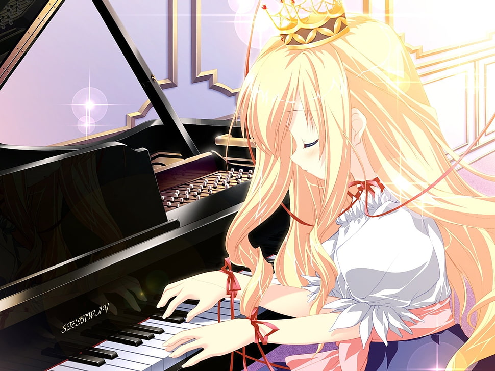 yellow haired female anime character near grand piano HD wallpaper