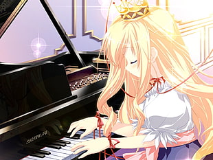 yellow haired female anime character near grand piano