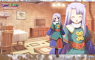 two purple haired female anime cartoon characters inside bricked room illustration