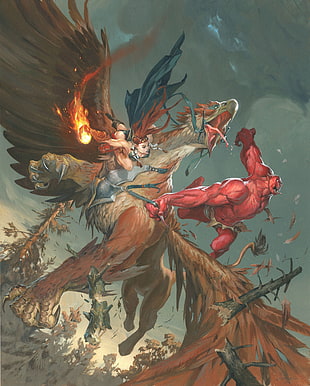 painting of brown dragon, fantasy art, warrior
