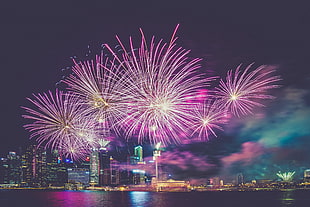 pink fireworks, Singapore, Salute, Skyscrapers