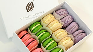 pink, green, yellow, and purple Damien Mercier macaroons with box, cookies, Macarons, dessert, French