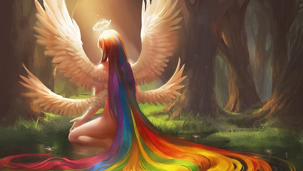 angel kneeling on forest digital wallpaper, fantasy art, angel, forest, rainbows HD wallpaper