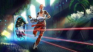 female carrying gun game character digital wallpaper