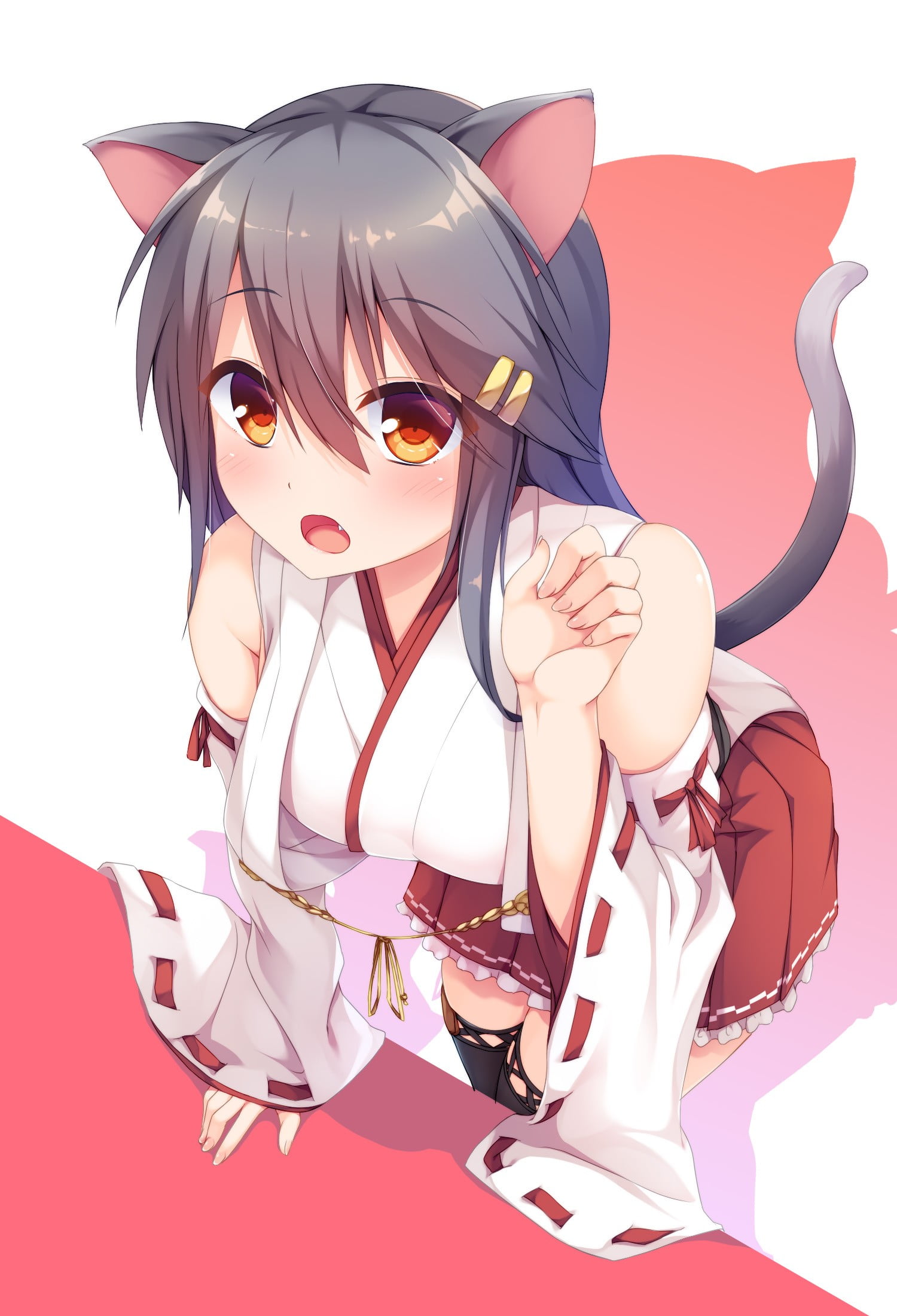 female anime character with tail digital art, Kantai Collection, Haruna (KanColle), animal ears, nekomimi