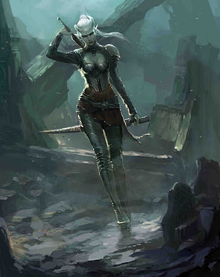 woman holding sword illustration, warrior, fantasy art