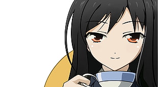 black haired female anime character holding white and blue mug