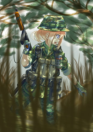 woman wearing army jacket holding black rifle painting HD wallpaper