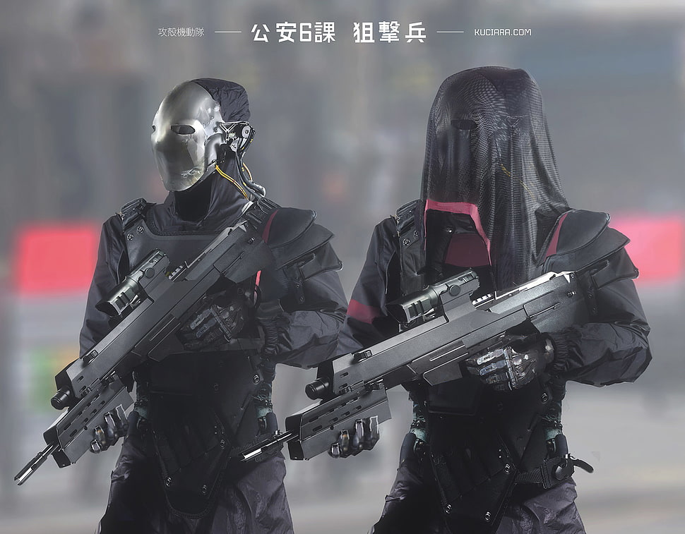 two man in suit with guns wallpaper, digital art, soldier, futuristic, weapon HD wallpaper