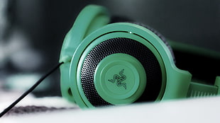 close up photo of green and black Razer corded headphones