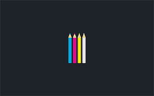 four assorted-color pens, CMYK, pencils, minimalism, simple background