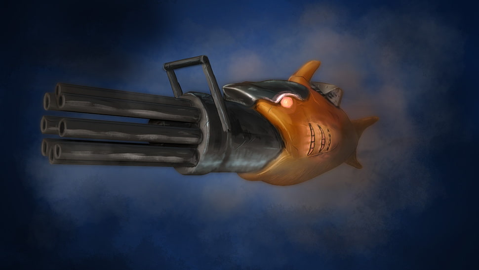 orange shark with gun illustration, Terraria, video games, fish, minigun HD wallpaper