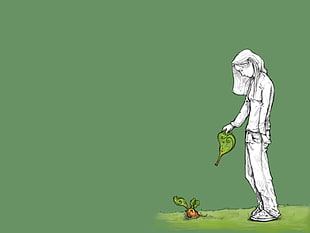 woman holding green leaf illustration HD wallpaper