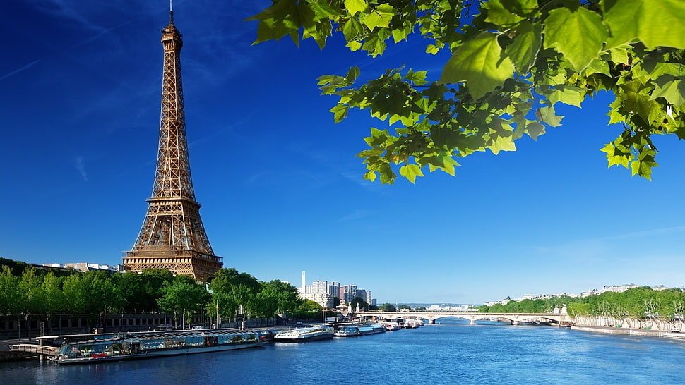 Eiffel tower near trees, Paris, Eiffel Tower, river, boat HD wallpaper